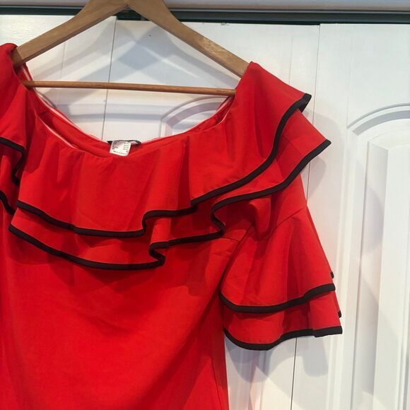 Venus Red Ruffle Neckline Top Size Medium - Picture 4 of 8